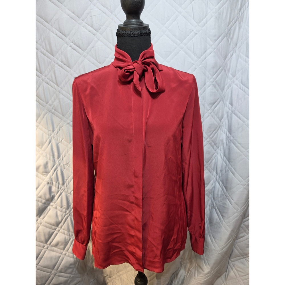 St John Womens Red Tie Neck Blouse Long Sleeve Button Up Top Shirt READ